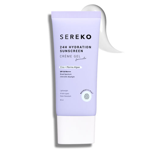 Sereko Sunscreen SPF 50 PA++++ Creme Gel with Zero White Cast for Even Toned & Glowing Skin 24hrs Hydration, Quick Absorbing & Non-Greasy | UVA+UVB & Blue Light Protection (50 ml)
