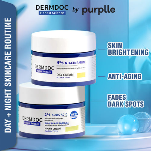 DERMDOC by Purplle 2% Kojic Acid Night Cream with Niacinamide & Alpha Arbutin for Skin Brightening (50 gm) | 4% Niacinamide Face Cream for Clear & Bright Skin (50 gm)