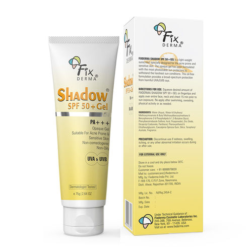 Fixderma Shadow Sunscreen SPF 50+ Gel For Unisex, Sunscreen For Oily Skin, Sun Screen Protector SPF 50,Broad Spectrum Sunscreen For Uva & Uvb Protection,| Non Greasy & Water Resistant - 75 gm