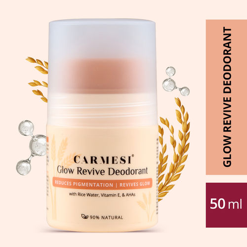 Carmesi Glow Revive Underarm Roll On Deodorant for Women | Brightens Skin, Reduces Pigmentation, Controls Odour | Rice Water, Vitamin E, & AHAs | 90% Natural | No Alcohol & Aluminium | 50 ml