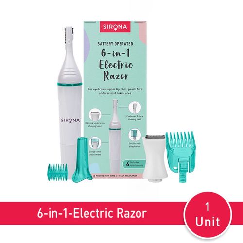 Sirona 6-in-1 Electric Razor for Women | For Eyebrows, Upper Lips, Chin, Peach Fuzz, Underarms & Bikini Area | Pain-Free Hair Removal at Home | Battery Operated Pack of 1