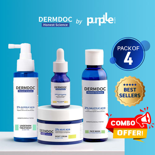 DERMDOC Combo Kit of Best-Sellers | 10% Niacinamide fACE Serum (15 ml) | 5% Glycolic Acid Underarm Brightening Spray (100 ml) | 2% Kojic Acid Night Cream (50 gm) | 2% Salicylic Acid Face Wash (120 ml) | Value Pack Combo of 4