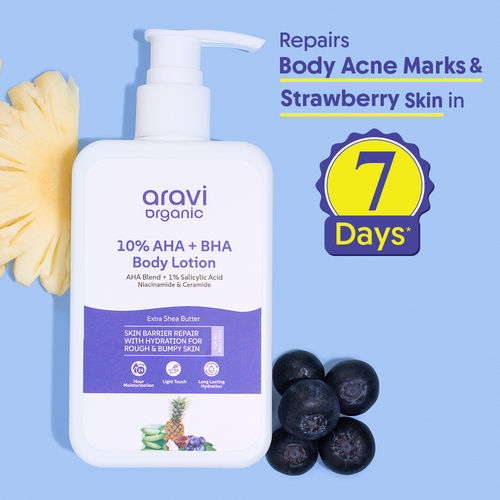 Aravi Organic 10% AHA + 1% BHA Exfoliating Body Lotion For Dry Skin | Strawberry Legs & Bumpy Skin | Brightening with Niacinamide, Ceramide & Shea Butter | 200 ml