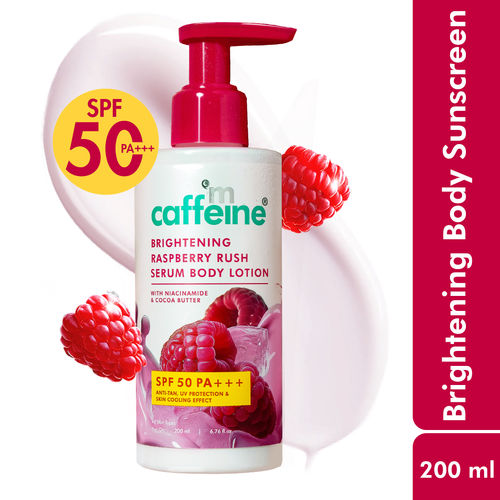 mCaffeine Brightening Raspberry Sunscreen Body Lotion SPF50 PA+++ UV Protection with Niacinamide | Lightweight Cooling Body Lotion, Fruity Aroma-200 ml
