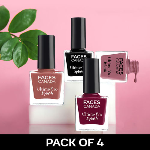 FACES CANADA Ultime Pro Splash Nail Enamel - Set of 4 - Black Beauty 15, Plum 207, Marooned 401, Marmalade 108 (8ml x 4)