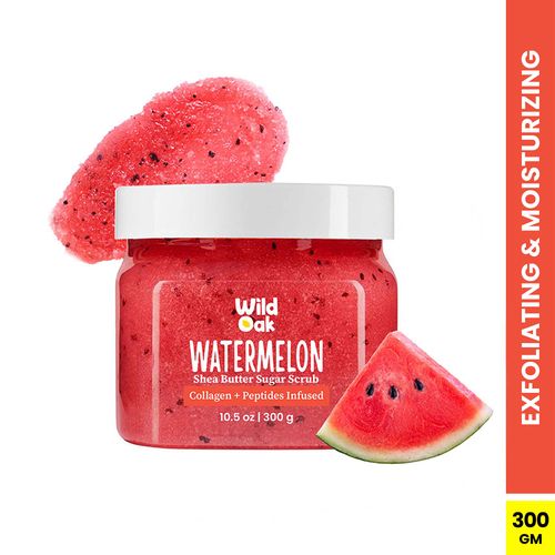 Wild Oak Watermelon Shea Sugar Scrub | 300 gm | With Niacinamide, Collagen, Peptides & Ceramides | Tan Removal & Smooth Skin | Removes Dead Skin | Ultra Hydrating, Exfoliating & Moisturising Sugar Body Scrub