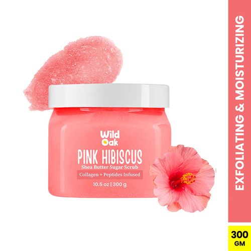 Wild Oak Pink Hibiscus Shea Butter Sugar Scrub | 300 gm | With Ascorbic Acid, Collagen, Peptides & Ceramides | Tan Removal & Smooth Skin | Removes Dead Skin | Ultra Hydrating, Exfoliating & Moisturising Sugar Body Scrub