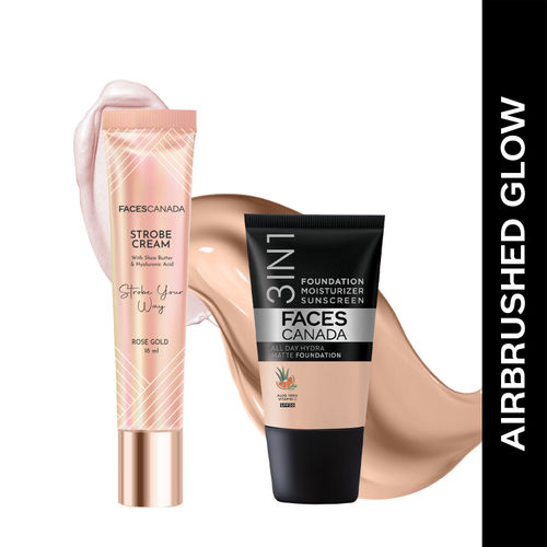 FACES CANADA Airbrushed Glow Combo - All Day Hydra Matte Foundation - Absolute Ivory 012 (18 ml) + Strobe Cream - Rose Gold (18 ml) | Illuminating & Glowing Makeup Base | 10HR Long Wear
