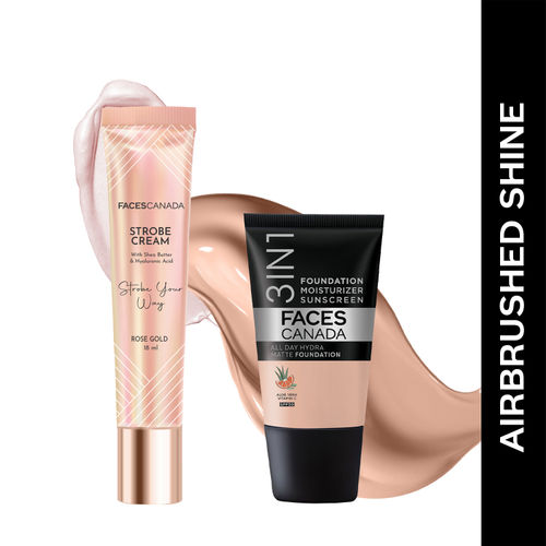FACES CANADA Airbrushed Shine Combo - All Day Hydra Matte Foundation - Rose Ivory 011 (18 ml) + Strobe Cream - Rose Gold (18 ml) | Illuminating & Glowing Makeup Base | 10HR Long Wear