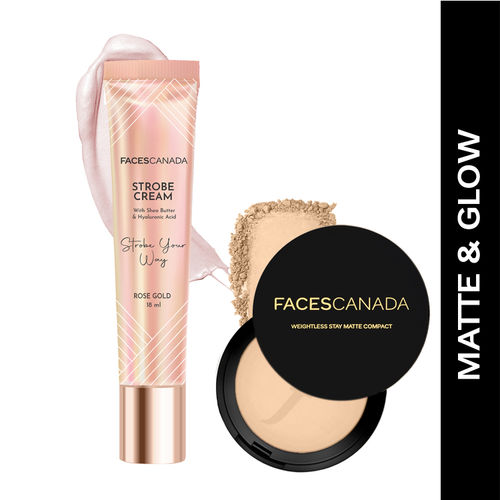 FACES CANADA Matte & Glow Combo - Strobe Cream - Rose Gold (18 ml) + Weightless Stay Matte Finish Compact Powder - Natural 02 (9 gm) | Flawless Glowy Finish | Hides Imperfections