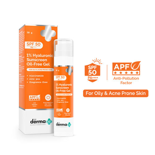 The Derma Co. 1% Hyaluronic Sunscreen Oil-Free Gel | Lightweight Sunscreen for Oily & Acne-Prone Skin | SPF 50 & PA++++ Protection | Safe & Effective | - 50 gm| In-Vivo Tested