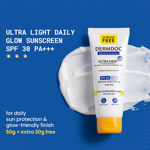 DERMDOC SPF 30 Ultra Light SPF Daily Glow Sunscreen (70 gm) | 50 gm + Extra 20g Free | Face Sunscreen | Lightweight | Non-Greasy | 0 White Cast | Oily Skin Friendly | Sunblock | PA+++ | Non-Comedogenic