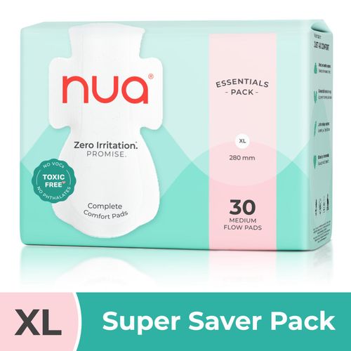 Nua Complete Comfort Pads | Zero Irritation Promise | Essentials Pack | Super Saver| 4x Comfort | 100% Toxic-free | Medium flow 30 pads
