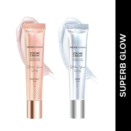 FACES CANADA Superb Glow Combo - Strobe Cream - Rose Gold (18 ml) + Strobe Cream - Silver (18 ml) |Primer + Highlighter + Moisturizer | Illuminating & Glowing Makeup Base | Intense Hydration