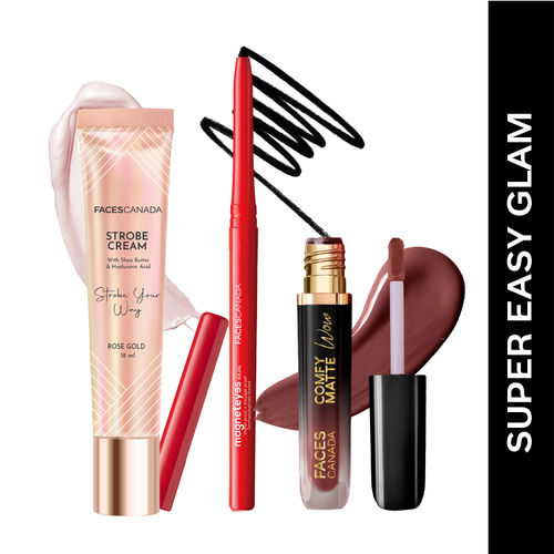 FACES CANADA Super Easy Glam Combo - Strobe Cream - Rose Gold (18 ml) + Magneteyes Kajal - Black (0.35 gm) + Comfy Matte Wow Liquid Lipstick - Cocoa Crush 07 (3.8 ml) | Illuminating & Glowing Makeup Base | Highly Pigmented