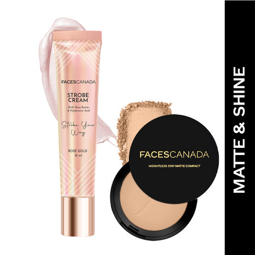 FACES CANADA Matte & Shine Combo - Strobe Cream - Rose Gold (18 ml) + Weightless Stay Matte Compact Powder - Beige 03 (9 gm) | Flawless Glowy Finish | Hides Imperfections