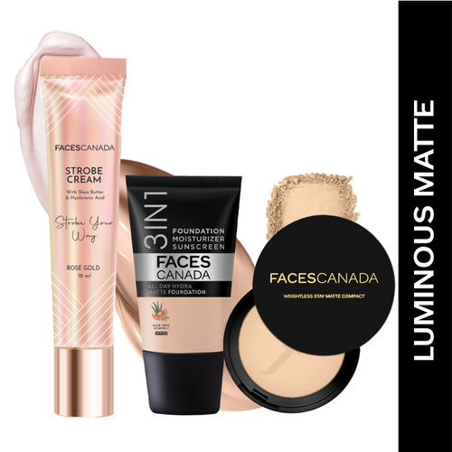 FACES CANADA Luminous Matte Combo - Strobe Cream - Rose Gold (18 ml) + Weightless Stay Matte Compact Powder - Natural 02 (9 gm) + Hydra Matte Foundation - Rose Ivory 011 (18 ml) | Illuminating & Glowing Makeup Base | 10HR Long Wear