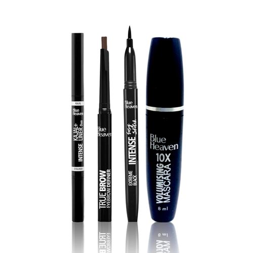 Blue Heaven Get Bold Eye Combo (10x Volumising Mascara - Black (8 ml) + Jet Black Stay Kajal (0.30 gm) + Intense Eyeliner - Exteme Black (1 ml) + Eye Brow Definer - Brown (0.30 gm))