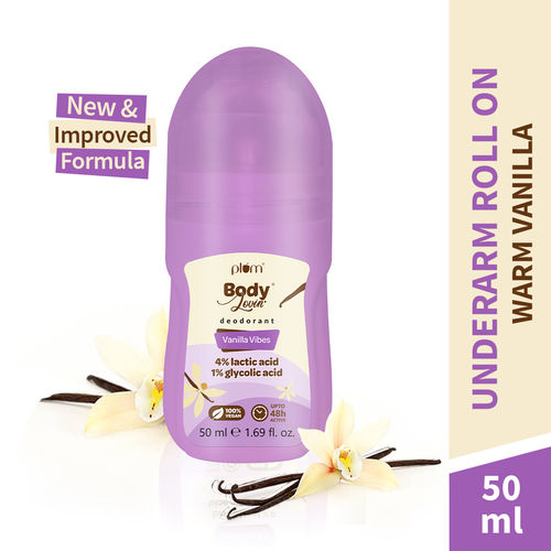 Plum BodyLovin' Vanilla Vibes Deodorant Roll On | 4% Lactic Acid & 1% Glycolic Acid | Controls Odor & Fades Underarm Darkness | 48 Hr Freshness| Warm Vanilla Fragrance | Aluminium-Free (50 ml)