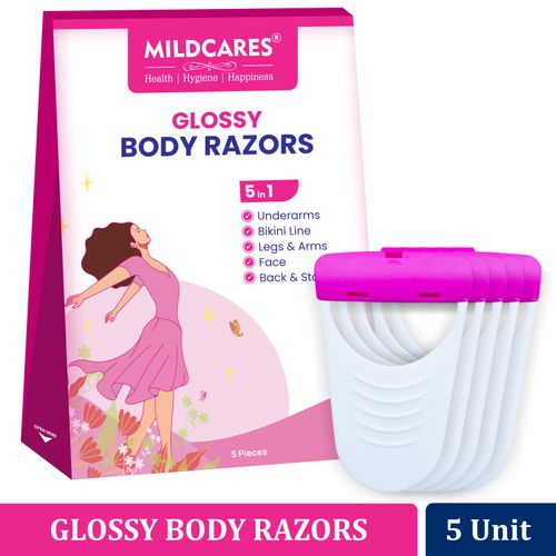 Mildcares Glossy Body Razor For Women | Painless & Easy Hair Removal | No Cut & Irritation | For Legs & Arms, Bikini, Underarms ,Face,Back & Stomach| Anti Slip Grips | Safe, Comfortable & Travel Essentials 5 Pieces