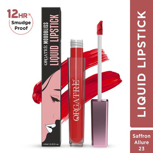 ORGATRE Moodbliss Liquid Lipstick | Long-Lasting, Transfer-Resistant & Hydrating Formula | Vibrant Gloss Finish with Intense Pigmentation | 12-Hour Smudge-Proof | Lightweight & Non-Drying | 4.5 ml, Saffron Allure