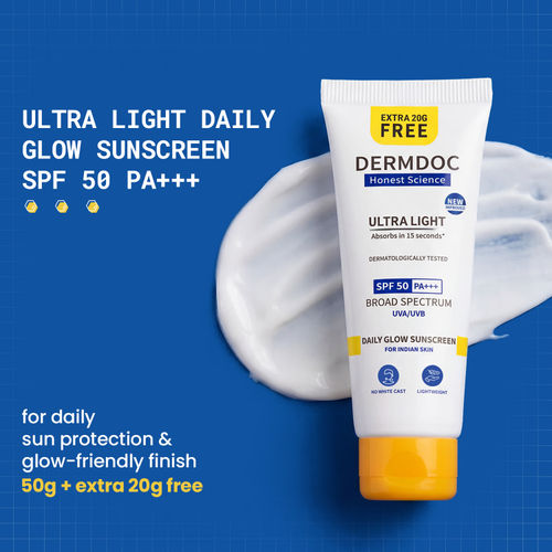 DERMDOC SPF 50 Ultra Light SPF Daily Glow Sunscreen (70 gm) | 50 gm + Extra 20 gm Free |With Hyaluronic Acid & Niacinamide | Face Sunscreen | Lightweight | Non-Greasy | 0 White Cast | Oily Skin Friendly | Sunblock | PA+++ | Non-Comedogenic