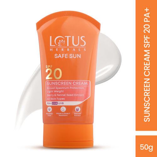 Lotus Herbals Safe Sun Sunscreen Cream - Berry | SPF 20 | PA+ | Sweat & Waterproof | Non-Greasy | 50 gm