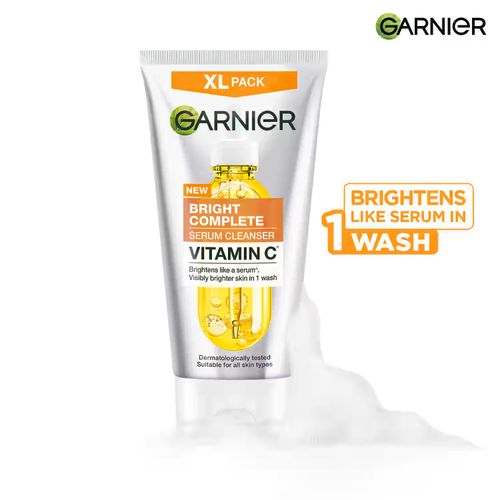 Garnier Bright Complete 2-in-1 Vitamin C Serum Facewash | Deep Cleansing Face Wash | Cleanse, Hydrate & Brighten | Removes Pollution & Excess Sebum | De-Tans & Evens Skin Tone | For All Skin Types, 150 gm