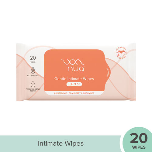 Nua Gentle Intimate Wipes | Infused with Cranberry, Cucumber and Aloe | Alcohol and Artificial-Fragrance Free | 100% Biodegradable (20 Wipes)