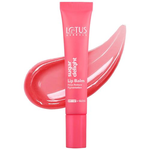 Lotus Herbals Sugar Delight Lip Balm with SPF 15 for Dry and Chapped Lips, Reduces Pigmentation, Moisturises Deeply, Glossy Finish, With Ceramides and Vitamin E, Pink Tint, Fruity Scent, Vegan, Pink - 10 gm