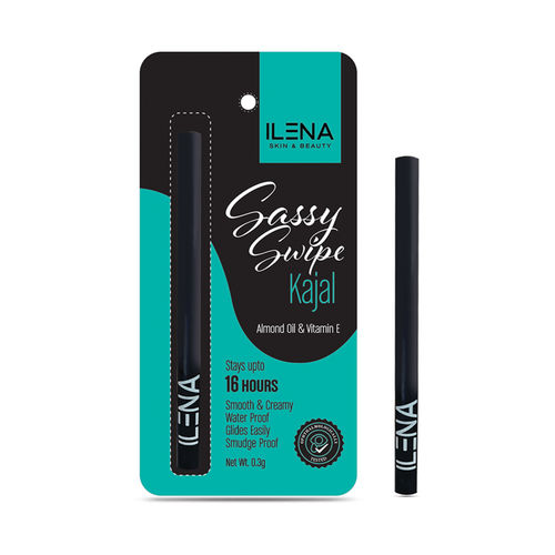 Ilena Sassy Swipe Kajal, 16 Hours Long-Lasting, Waterproof, With Almond Oil And Vitamin E, (0.3 gm), Black, No Chemical, Cruelty & Paraben Free
