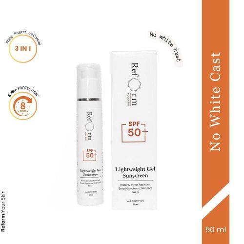 Reform Your Skin Matte Lightweight Sunscreen - Spf 50, Pa+++, No White-Cast, Transparent, With Niacinamide(1%), Hyaluronic Acid(1%),Vitamin C, E, Blue Light Protection | For All Skin Types | Water & Sweat Resistant Sunscreen (50 ml)