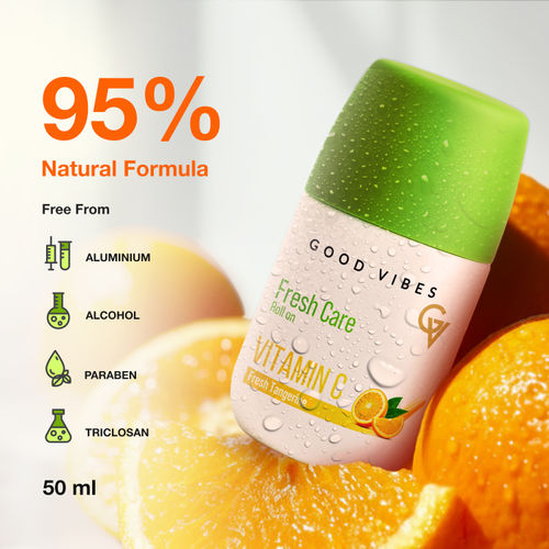 Good Vibes Fresh Care Vitamin C Underarm Roll On – Fresh Tangerine | 95% Natural Formula | Brightening & Odour Control | Alcohol-Free & Aluminium-Free | Hydrating & Stain-Free Deodorant | Gentle on Sensitive Skin – 50 ml