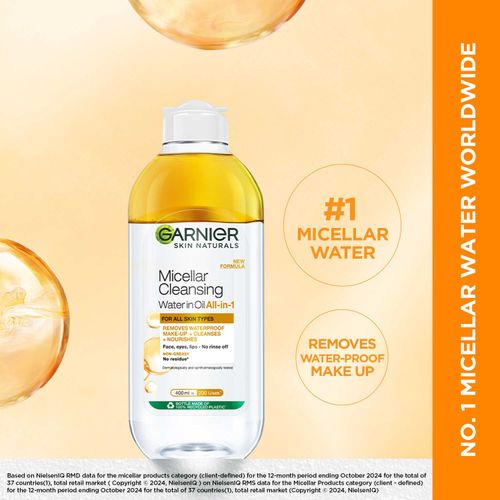 Garnier Skin Naturals Micellar Cleansing Water, 400 ml - Waterproof Makeup Remover For All Skin Types