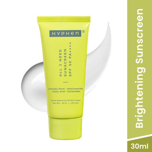 Hyphen All I Need Sunscreen SPF50 PA++++ | Brightens - Niacinamide, Kojic Acid, Vit C Rich Kakadu Plum | Lightweight Non-Greasy UVA/B Protection -30 ml