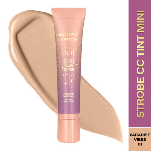 FACES CANADA Strobe CC Tint Mini - Paradise Vibes 01, 18 ml | 5-in-1 Serum + Moisturizer + Primer + BB/CC Cream + Strobe Cream | Lightweight | Radiant Dewy Glass Skin Glow | Niacinamide & Hyaluronic Acid | For Fair To Light Skin