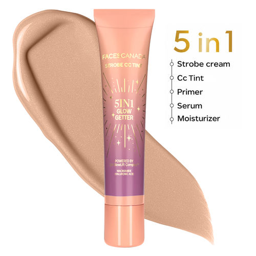 FACES CANADA Strobe CC Tint Mini - Sunset Glaze 02, 18 ml | 5-in-1 Serum + Moisturizer + Primer + BB/CC Cream + Strobe Cream | Lightweight | Radiant Dewy Glass Skin Glow | Niacinamide & Hyaluronic Acid | For Light to Medium Skin