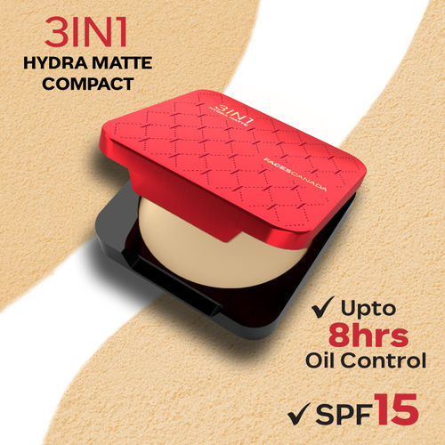 FACES CANADA 3in1 All Day Hydra Matte Compact Powder - Beige 02, 9 gm | SPF 15 | Mattifying | Controls Oil & Sweat | Hides Dark Spots & Acne Scars | Buildable Coverage | Lightweight | Blends Easily