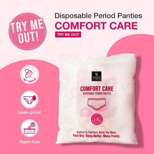 Good Vibes Comfort Care Disposable Period Panty Pack of 1– Travel & Trial Pack (L–XL) | – Leak-Proof, Rash-Free & Super Absorbent | 360° Coverage | Overnight Protection for Heavy Flow | Sanitary Underwear |