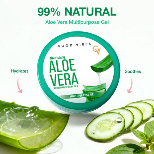 Good Vibes 99% Natural Aloe Vera Multipurpose Gel with Cucumber, Neem & Tulsi |Hydrating & Nourishing| Soothing & Refreshing | Fades Acne Marks & Blemishes | For Face, Hair & Body | Cooling & Non-Sticky Formula – 200 gm