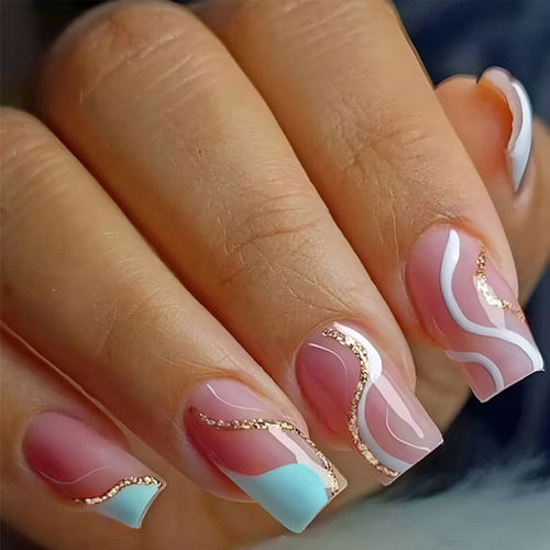 Secret Lives acrylic fake reusable false artifical press on nails pink color nails with blue patch & white golden curve design 24 Pc with kit