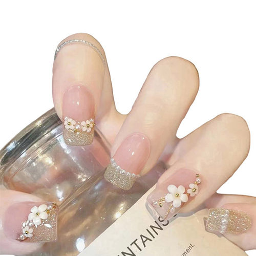 Secret Lives acrylic artifical fake reusable false artifical press on nails translucent pink color with silverish golden glitter 3D flowers and pearl design 24 Pc with kit