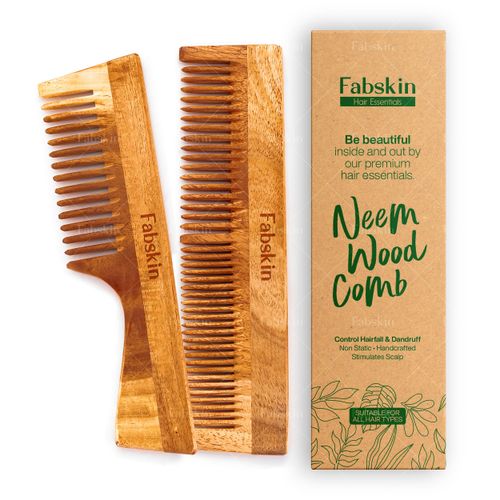 Fabskin Neem Wooden Comb For Men & Women | Set Of 2 | Graduated & Handle Hair Comb | For All Hair Types
