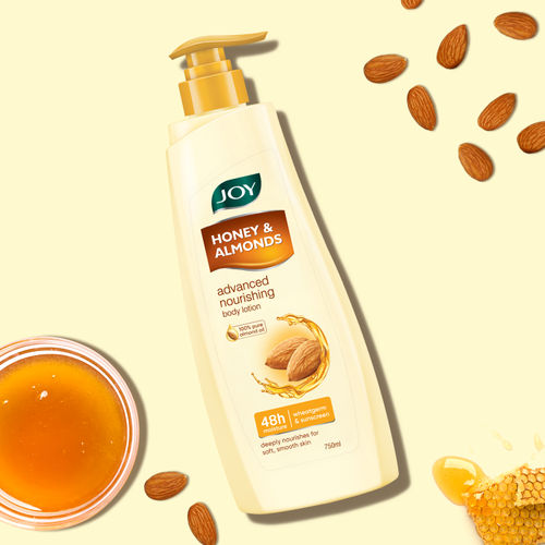 Joy Honey & Almonds Advanced Nourishing Body Lotion (750 ml) | Enriched With Shea Butter | Long Lasting 48 hours Moisture | Natural Sunscreen Filters | Suitable for Normal to Dry Skin