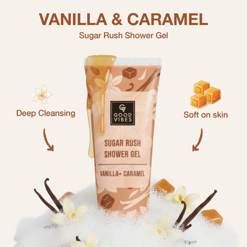 Good Vibes Vanilla & Caramel Sugar Rush Shower Gel | Deep Cleansing & Softening Body Wash | Sweet Indulgent Scent | Skin Hydration & Smoothness | Gentle & Moisturizing | Perfect for Daily Pampering – 200 ml