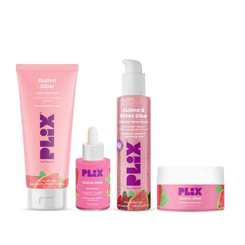 PLIX Guava & Roses Regime for Bright Skin & Balanced Skin pH| Hydrating Cleanser (100 ml)| 2-in-1 Toner Serum (150 ml)| Guava 10% Vitamin C Face Serum(30 ml) | Guava Smoothie Moisturizer (50 gm) | For Men & Women| Glowing in 1 Use, Combo of 4