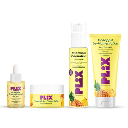 PLIX Pineapple De-Pigmentation Regime with Pineapple Exfoliation Fruity Toner (150 ml), Pineapple Juicy Cleanser (100 ml), Pineapple Depigmentation Dewy Serum (30 ml), & Smoothie Moisturizer (50 gm) Combo of 4