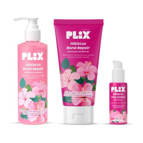 PLIX Hibiscus Frizz Control Hair Serum (50 ml) + Bond Repair Shampoo (200 ml) + Conditioner (175 ml) | Protects & Smoothes Frizzy Hair| 3x Strength with Fiberhance, Combo of 3