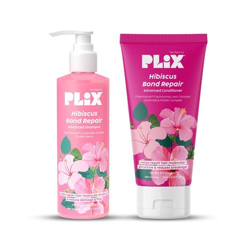 PLIX Hibiscus Bond Repair Shampoo (200 ml) + Conditioner (175 ml) | Repairs Molecular Structure & Reduces Breakage | FiberHance & TechnoHYAL Hair Complex, Combo of 2