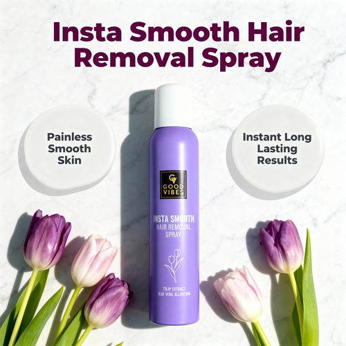 Good Vibes Insta Smooth Hair Removal Spray | 5 Min Painless Hair Removal | Enriched with Tulip Extract, Aloe Vera & Allantoin | Gentle on Skin, Removes Hair from Root | No Darkening, No Cuts | Smooth, Soft & Nourished Skin 200 ml